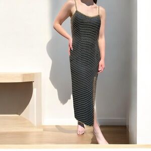 A.J. Bari Elegant Black Silk and Gold Beaded Striped Dress with front side slit